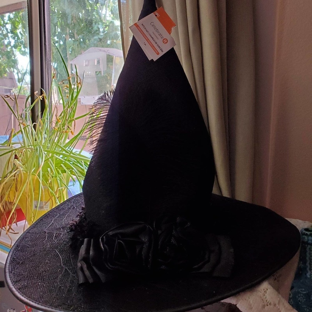 Nwt witch hat black feather spider web lace and large flowers cosplay Halloween - Picture 3 of 12